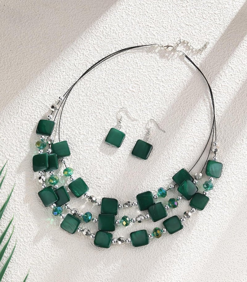 Errally Store Layered Beaded Statement Necklaces for Women Square Shell Bead Collar Necklace and Earring Set Birthday Gifts Boho Jewelry Sets for Women - Image 2